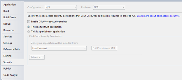 Open your ClickOnce project's properties window.