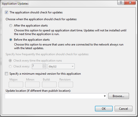 If you want to enable automatic updating for your ClickOnce application every time it is launched, you need to turn this option on in the Application Updates box.