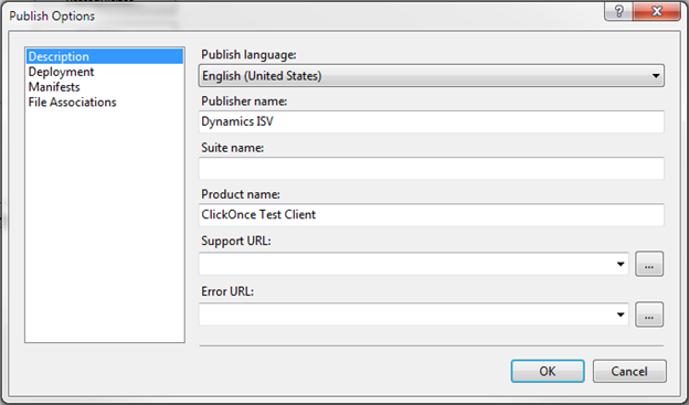 In the Publish Options box, configure your ClickOnce manifest description options.