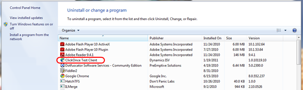 The user can also uninstall the ClickOnce application from the Programs and Features Control Panel.