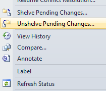 If you want to get your shelveset back or get other people’s shelved changes. Go to File -> Source Control -> Unshelve Pending Changes….