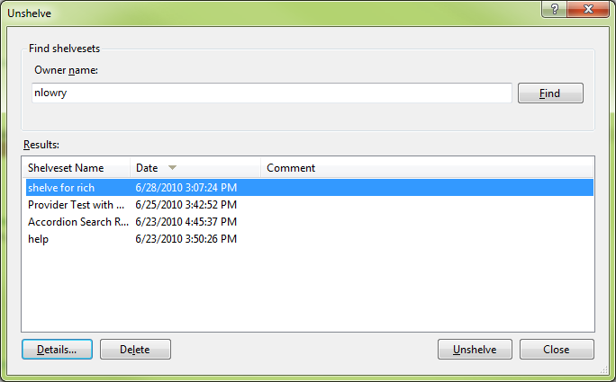 Clicking Details on a shelvset will show you information about each file in that shelveset.