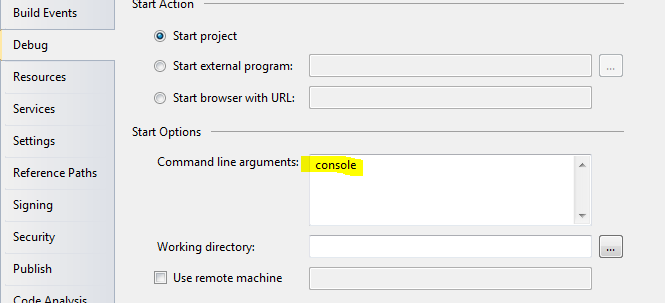 Click the Debug tab and enter "console" in the Command line arguments box.