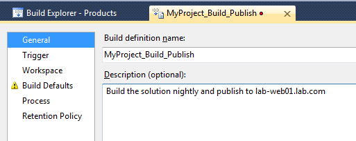 Pick a name for your new Build definition name.
