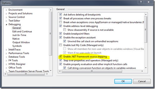 Select the Enable .NET Framework source stepping checkbox.