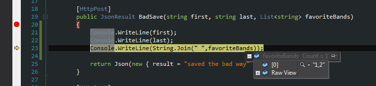 The BadSave takes in one parameter for each element posted.