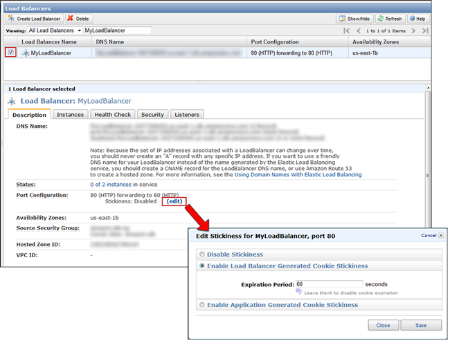 The stickiness of the ELB is specified per port using the AWS Management Console.