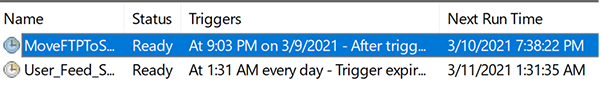 Task listed with Status, Triggers, and Next Run Time