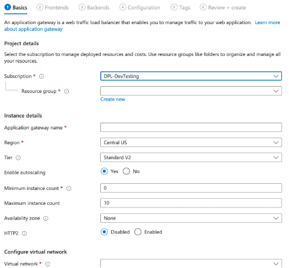 Application Gateway Basics tab