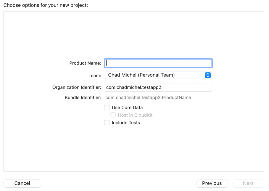 Choosing options for your new project in Xcode