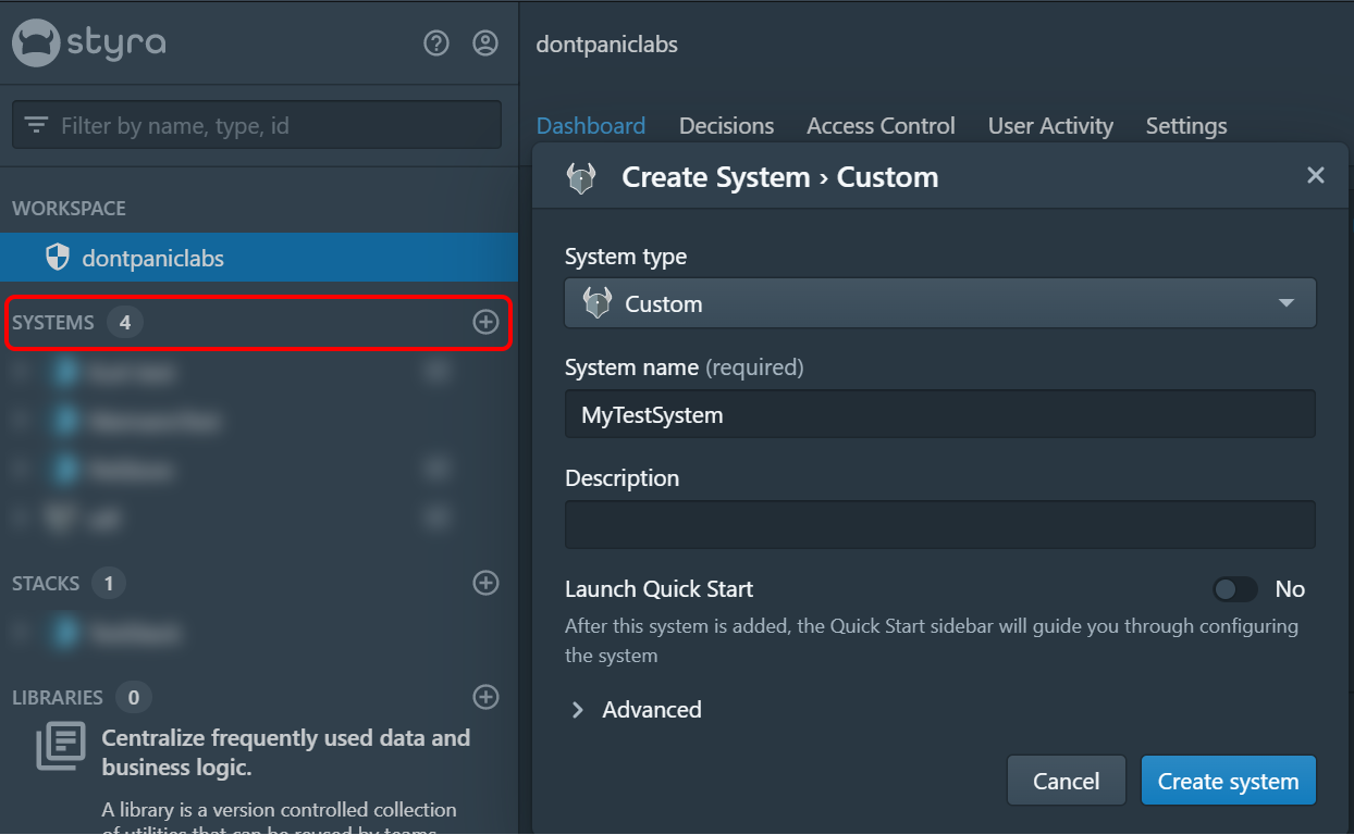 Selecting System Type in Styra