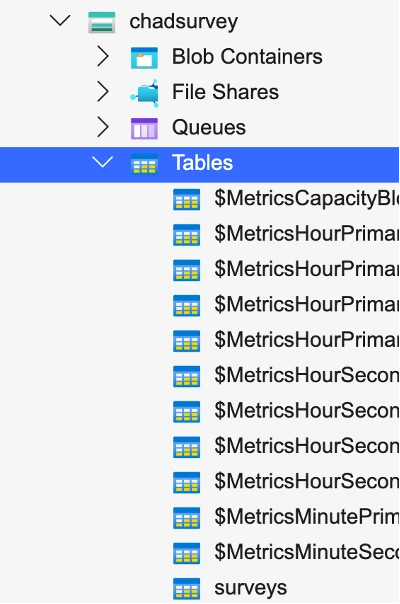 Tables in Azure Storage Explorer