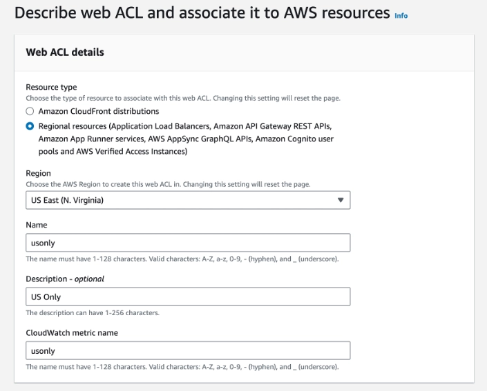 Section in AWS titled Describe web ACL and associate it to AWS resources