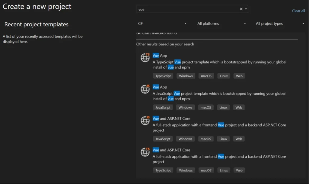 Screenshot of a 'Create a new project' window in Visual Studio, showing a search for 'vue' projects. The interface displays recent project templates with a note that recently accessed templates will be listed. Below, under 'Other results based on your search,' there are four project templates listed: 'Vue App' in TypeScript, 'Vue App' in JavaScript, 'Vue and ASP.NET Core' in JavaScript, and 'Vue and ASP.NET Core' in TypeScript. Each template is described as either a standalone Vue project or a full-stack application with a Vue frontend and ASP.NET Core backend, available for Windows, macOS, Linux, and web platforms.