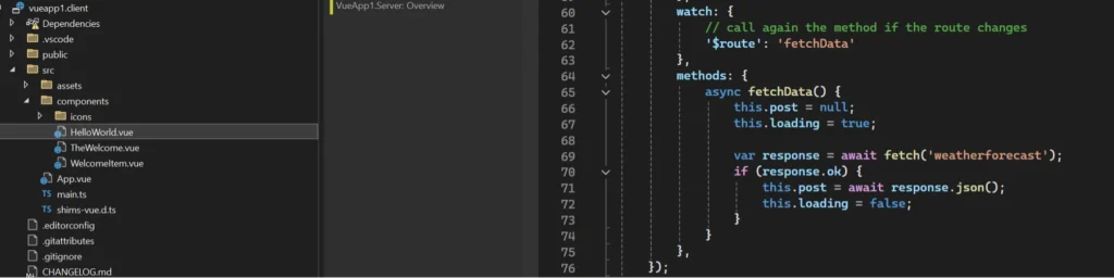 Screenshot of a Visual Studio Code window split into two panels. The left panel shows the file structure of the 'vueapp1.client' project, highlighting the 'HelloWorld.vue' file in a Vue.js application, with folders like 'public', 'src', 'assets', 'components', and 'icons', along with TypeScript files and configuration files. The right panel displays the code inside 'HelloWorld.vue', showing JavaScript/TypeScript code with a 'watch' function monitoring route changes, and an asynchronous 'fetchData' method that makes a POST request to 'weatherforecast', handles the response, and updates the loading state.