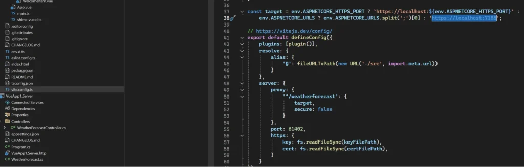 Screenshot of a Visual Studio Code window split into two panels. The left panel displays the file structure of the 'vueapp1.client' project, with the 'vite.config.ts' file highlighted, showing folders like 'src', 'public', and 'tsconfig.ts', along with configuration files. The right panel shows the code inside 'vite.config.ts', written in TypeScript, configuring a Vite development server. The code sets up environment variables for ASP.NET Core, defines server settings including a proxy for 'weatherforecast', specifies port 61402, and includes HTTPS configurations with certificate paths.