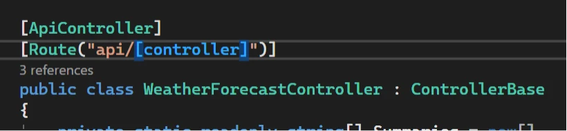 Screenshot of code in Visual Studio Code, showing a portion of a C# class definition for 'WeatherForecastController'. 