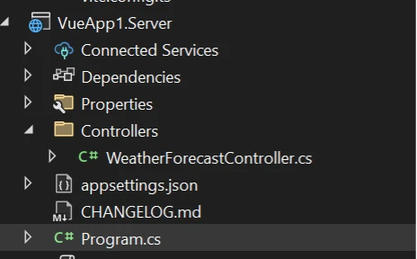 Screenshot of a Solution Explorer window in Visual Studio, displaying the file structure of the 'VueApp1.Server' project.