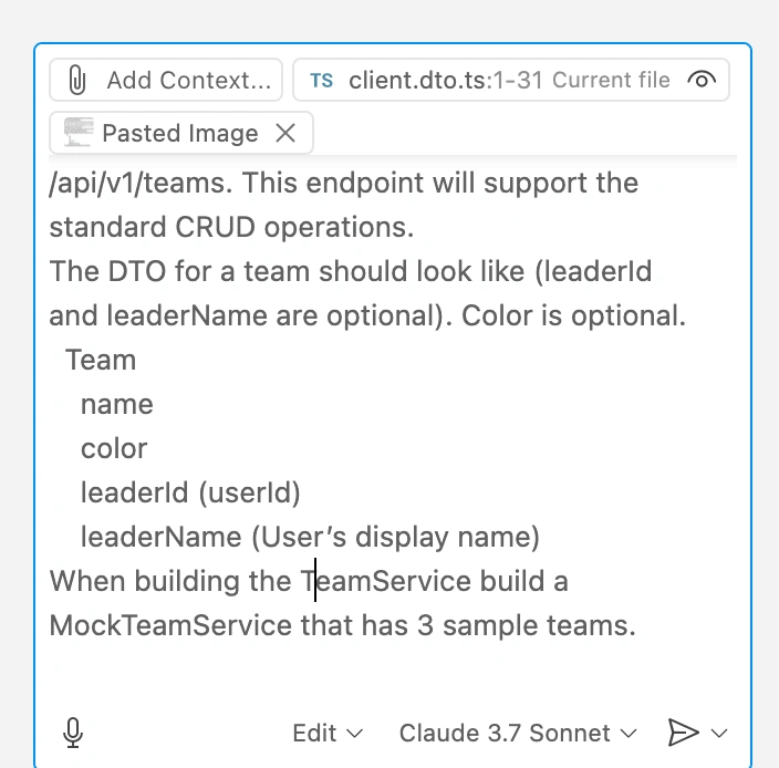 Whiteboard or slide showing a software design for a 'Team' API endpoint. It outlines CRUD operations for '/api/v1/teams' and a data transfer object (DTO) structure with fields: name, color (optional), leaderId (userId, optional), and leaderName (user’s display name, optional). It also mentions creating a MockTeamService with three sample teams.