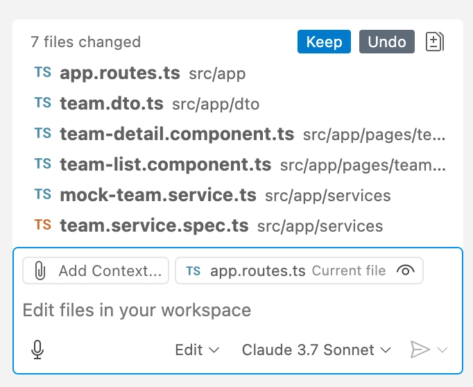 User interface showing seven changed TypeScript (.ts) files with their paths in a workspace, including options to 'Keep' or 'Undo' changes.