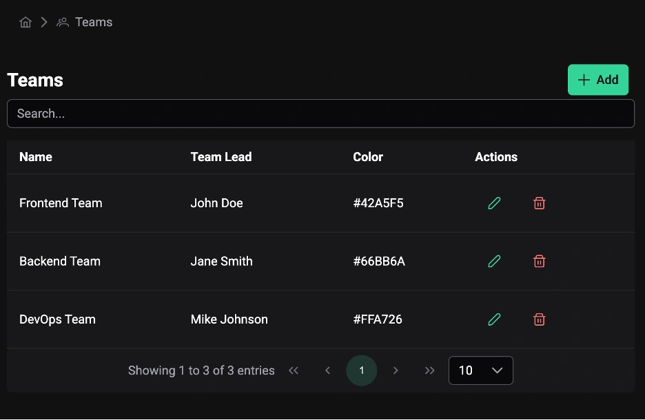 User interface for managing teams, featuring a search bar, 'Add' button, and a table listing three teams with columns for Name, Team Lead, Color, and Actions. Each row includes edit and delete icons. Pagination controls and entry display options are shown below the table.