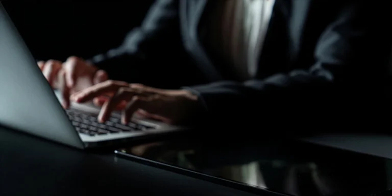 Person typing on a laptop in a dark, low-light setting at a desk.