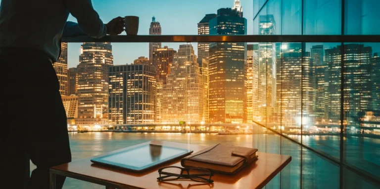 Person standing at a glass-walled balcony, holding a mug, overlooking a lit city skyline; tablet, notebook, and glasses on a desk in the foreground.